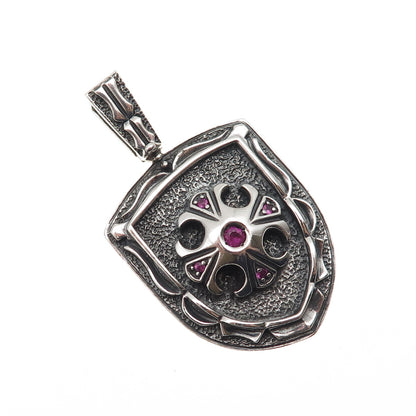 Jolusa 925 Sterling Silver Black Rhodium Real Ruby Floral Cross Shield Pendant