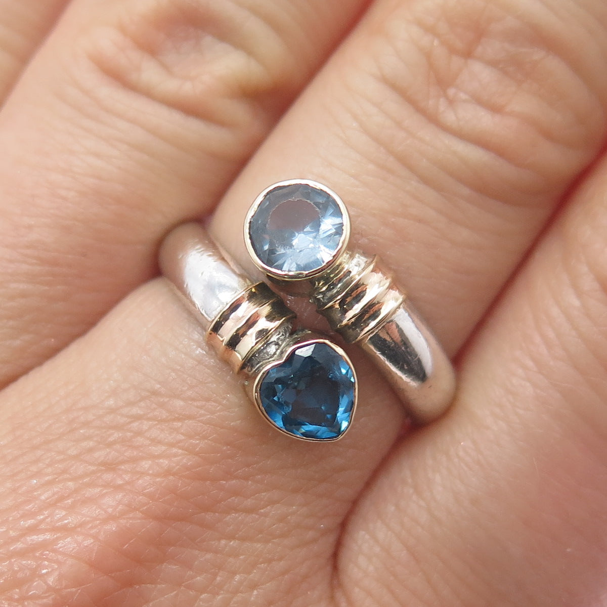 14K Gold 925 Sterling Vintage Real Swiss Blue Topaz Heart Adjustable Ring Size 7