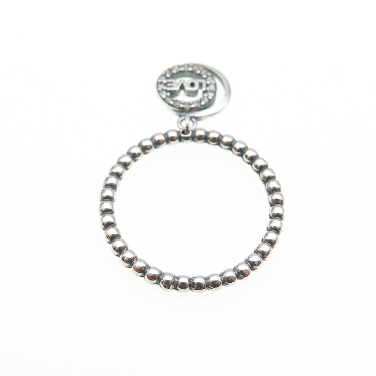 925 Sterling Silver Round-Cut C Z Love Dangle Charm Beaded Band Ring Size 7.75