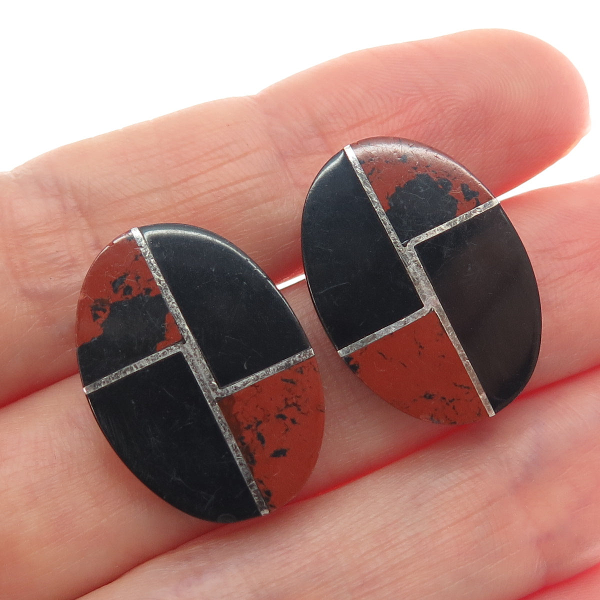 925 Sterling Silver Vintage Mexico Real Red Jasper Black Onyx Modernist Earrings