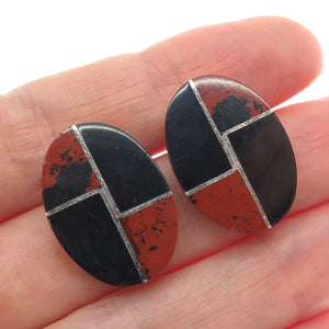 925 Sterling Silver Vintage Mexico Real Red Jasper Black Onyx Modernist Earrings
