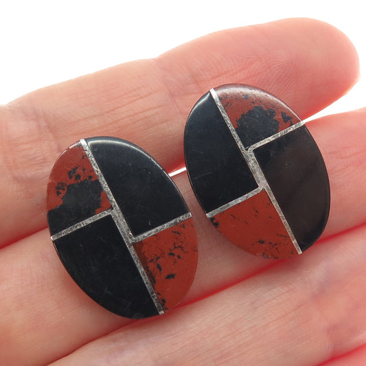 925 Sterling Silver Vintage Mexico Real Red Jasper Black Onyx Modernist Earrings