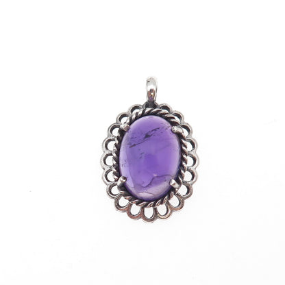 925 Sterling Silver Vintage Real Amethyst Floral Oxidized Charm Pendant