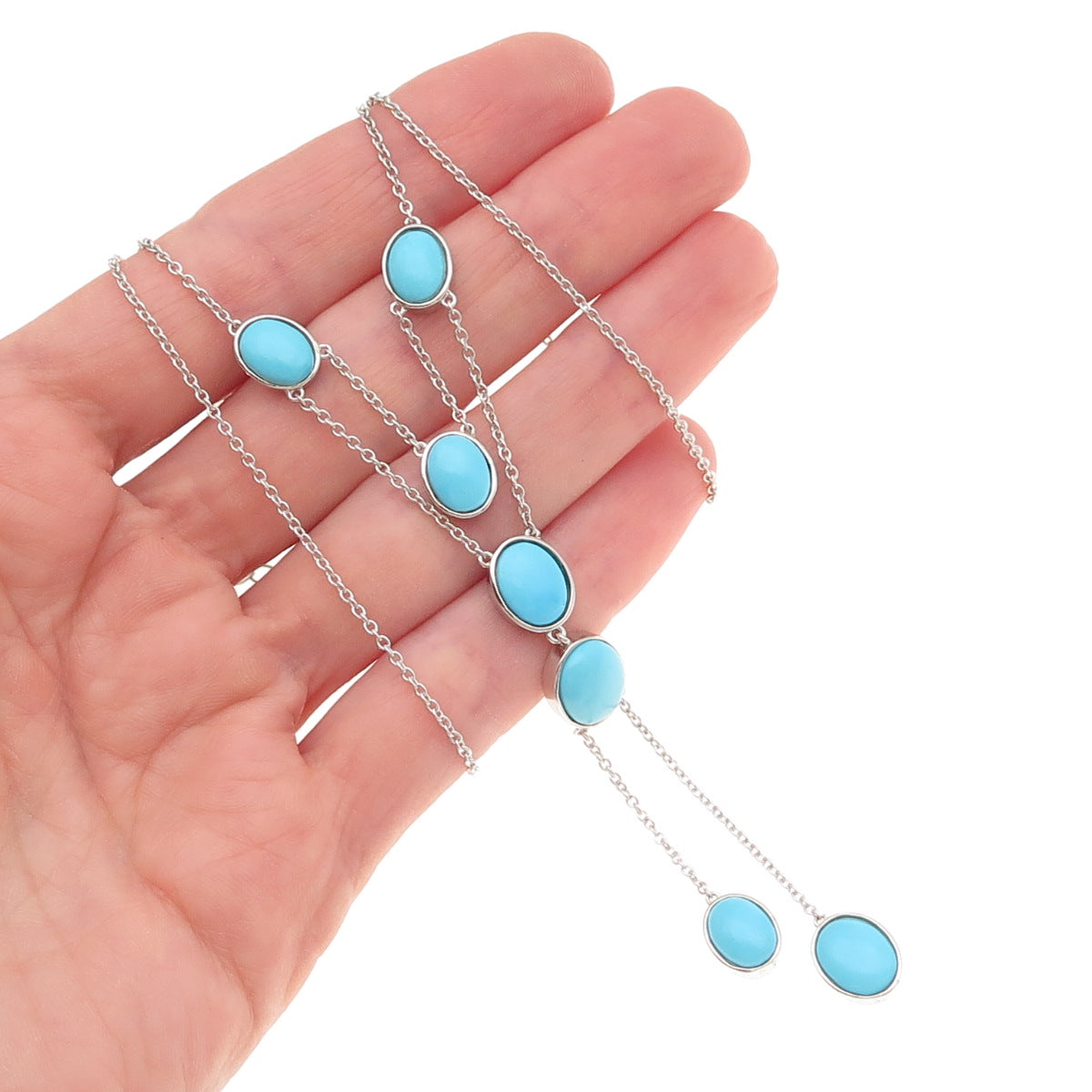 925 Sterling Silver Real Sleeping Beauty Turquoise Cable Chain Necklace 18-20"