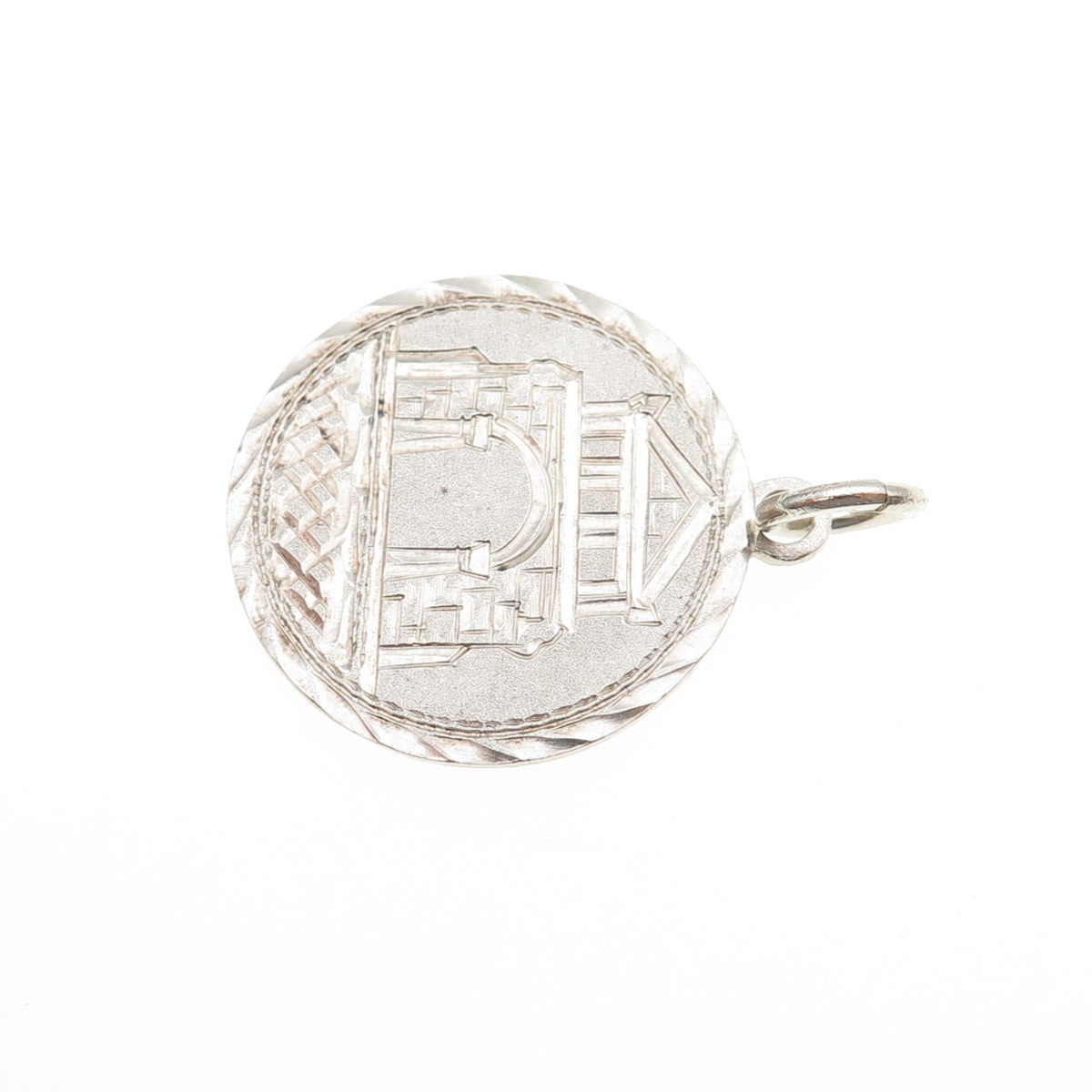 925 Sterling Silver Antique Art Deco Engraved Parthenon Token Charm Pendant