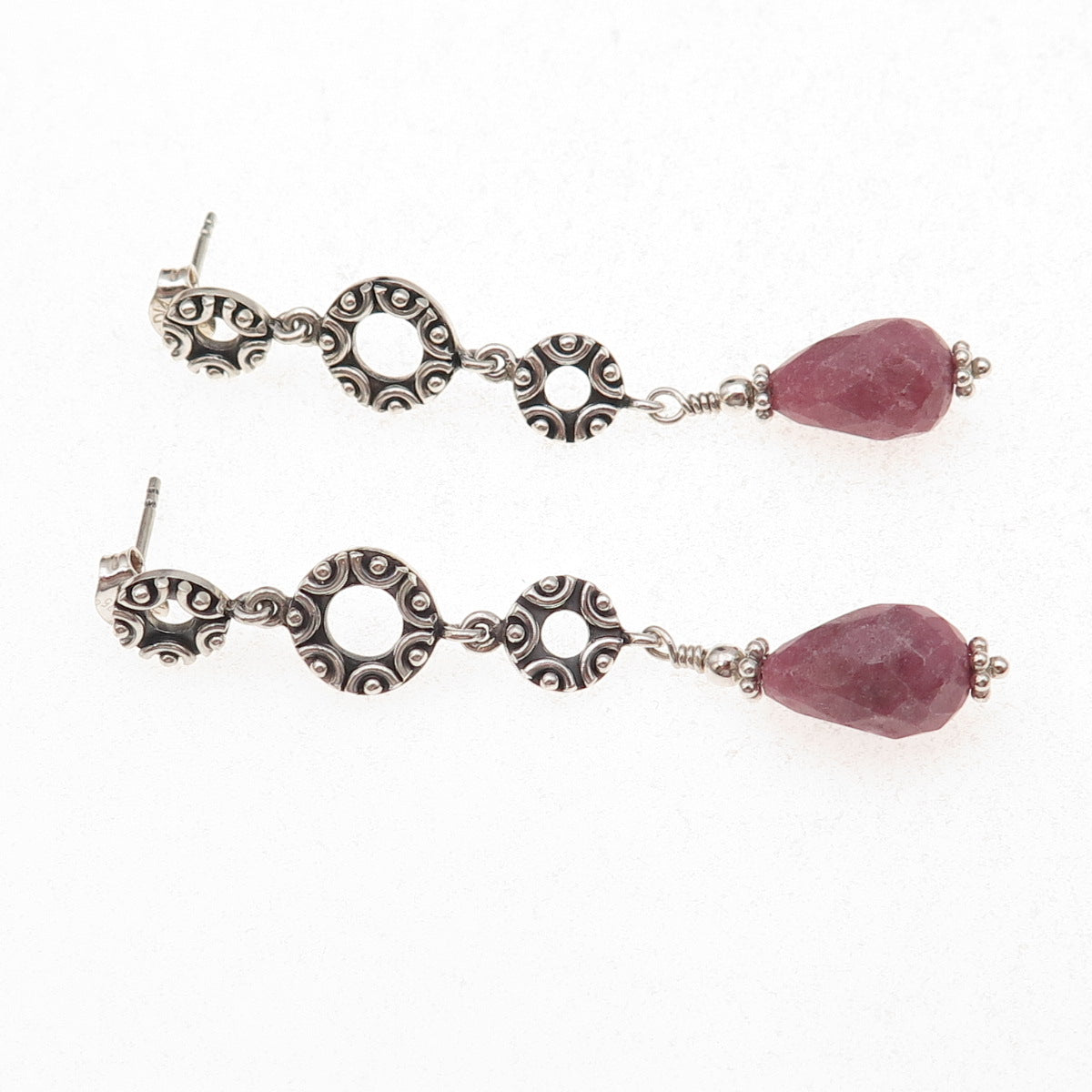 925 Sterling Silver Vintage Real Rhodonite Circle Link Oxidized Dangle Earrings