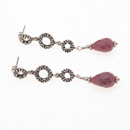 925 Sterling Silver Vintage Real Rhodonite Circle Link Oxidized Dangle Earrings