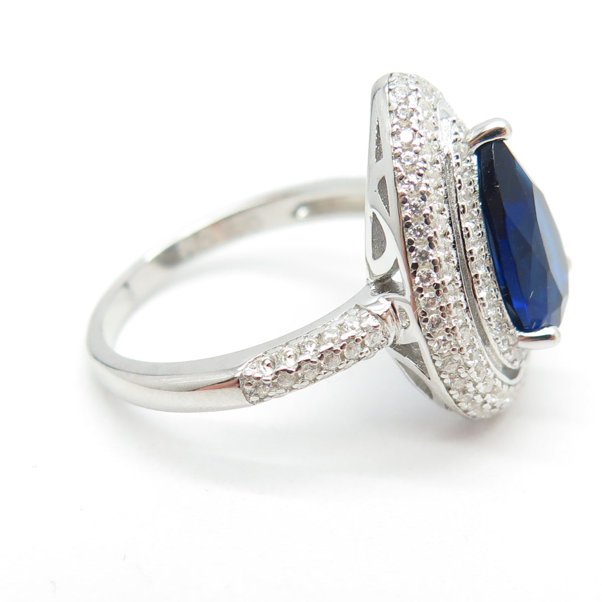 925 Sterling Silver Pear & Round-Cut Blue White C Z Ring Size 8