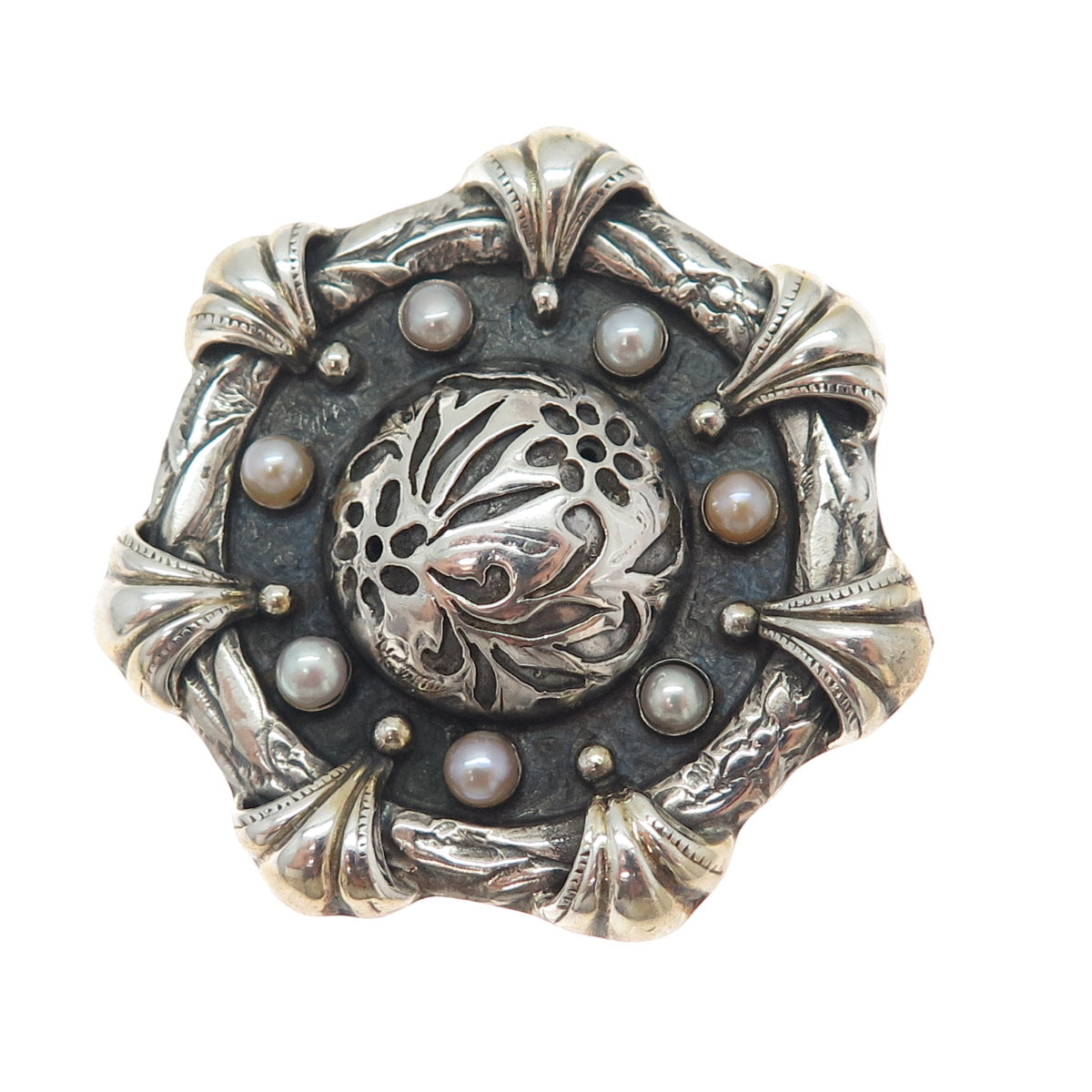 925 Sterling Silver Vintage Artisan Real Pearl Flower Oxidized Brooch / Pendant