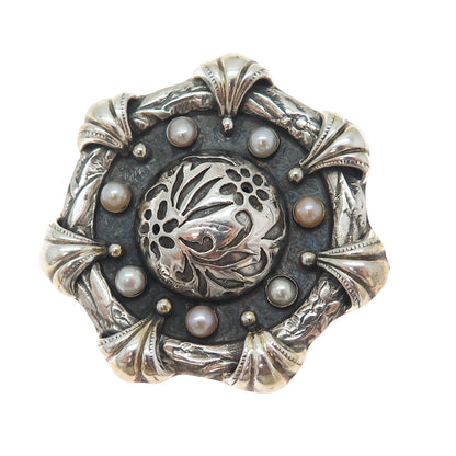 925 Sterling Silver Vintage Artisan Real Pearl Flower Oxidized Brooch / Pendant