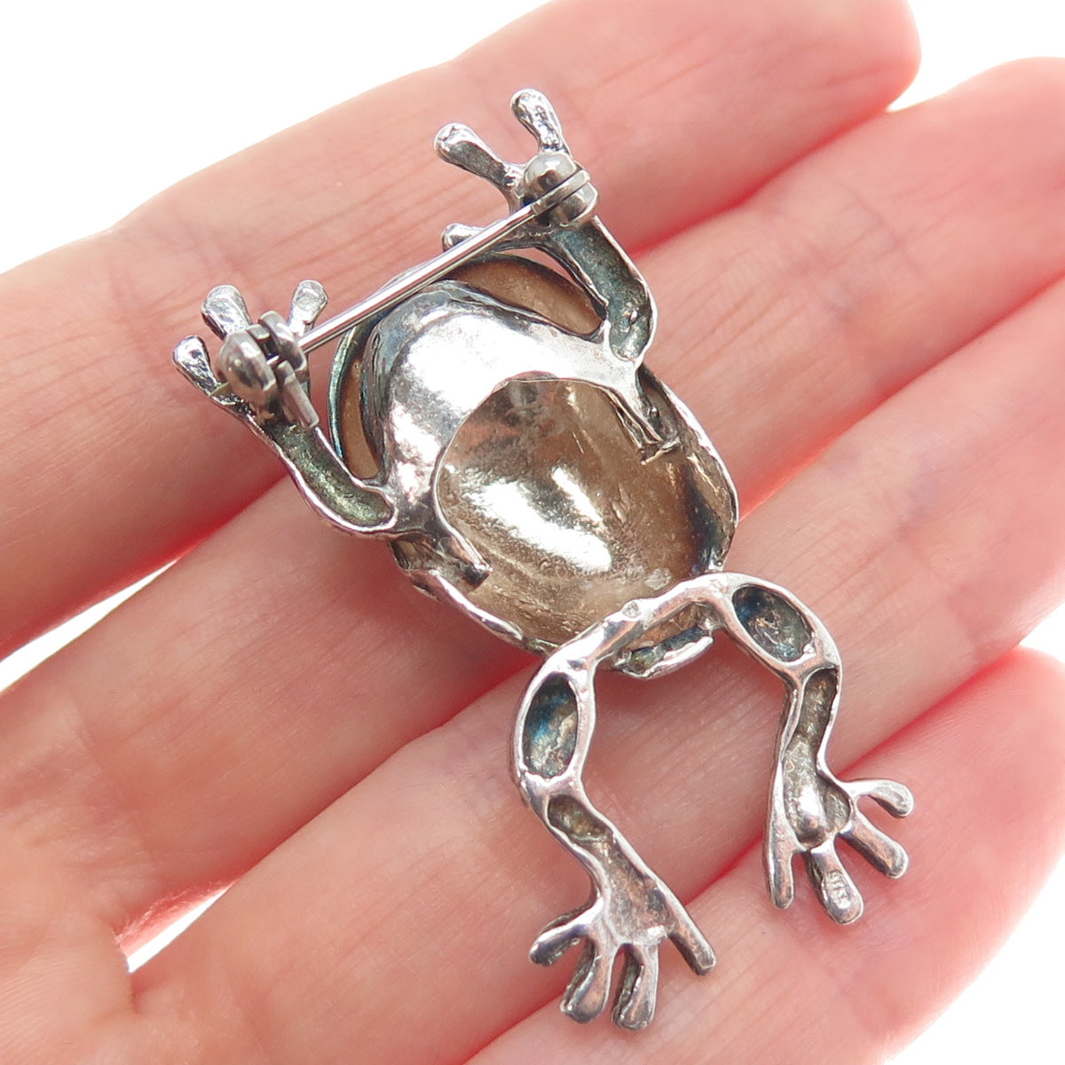 925 Sterling Silver Vintage Enamel Frog Good Luck Oxidized Pin Brooch