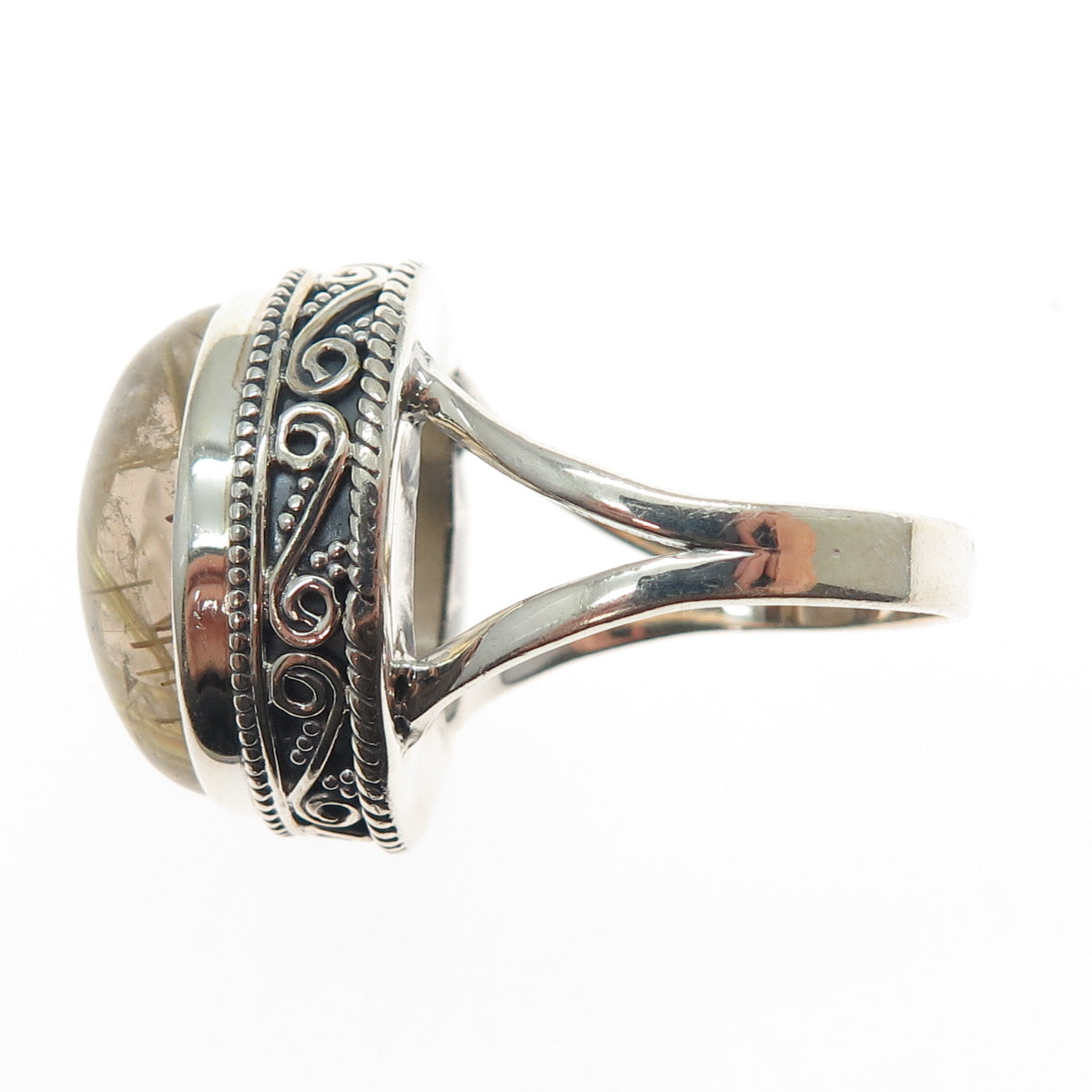 925 Sterling Silver Vintage Real Cabochon Rutilated Quartz Swirl Ring Size 9.75