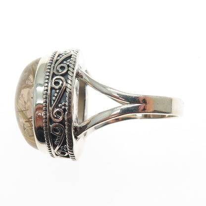 925 Sterling Silver Vintage Real Cabochon Rutilated Quartz Swirl Ring Size 9.75