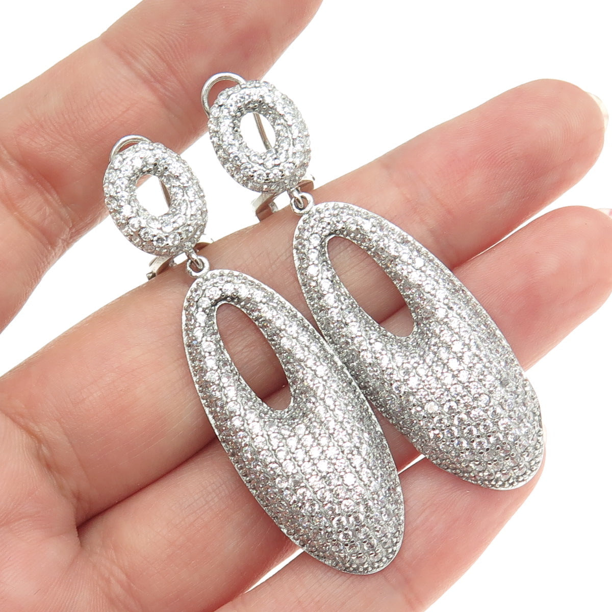 925 Sterling Silver Round-Cut C Z Oval Dangling Omega Back Earrings