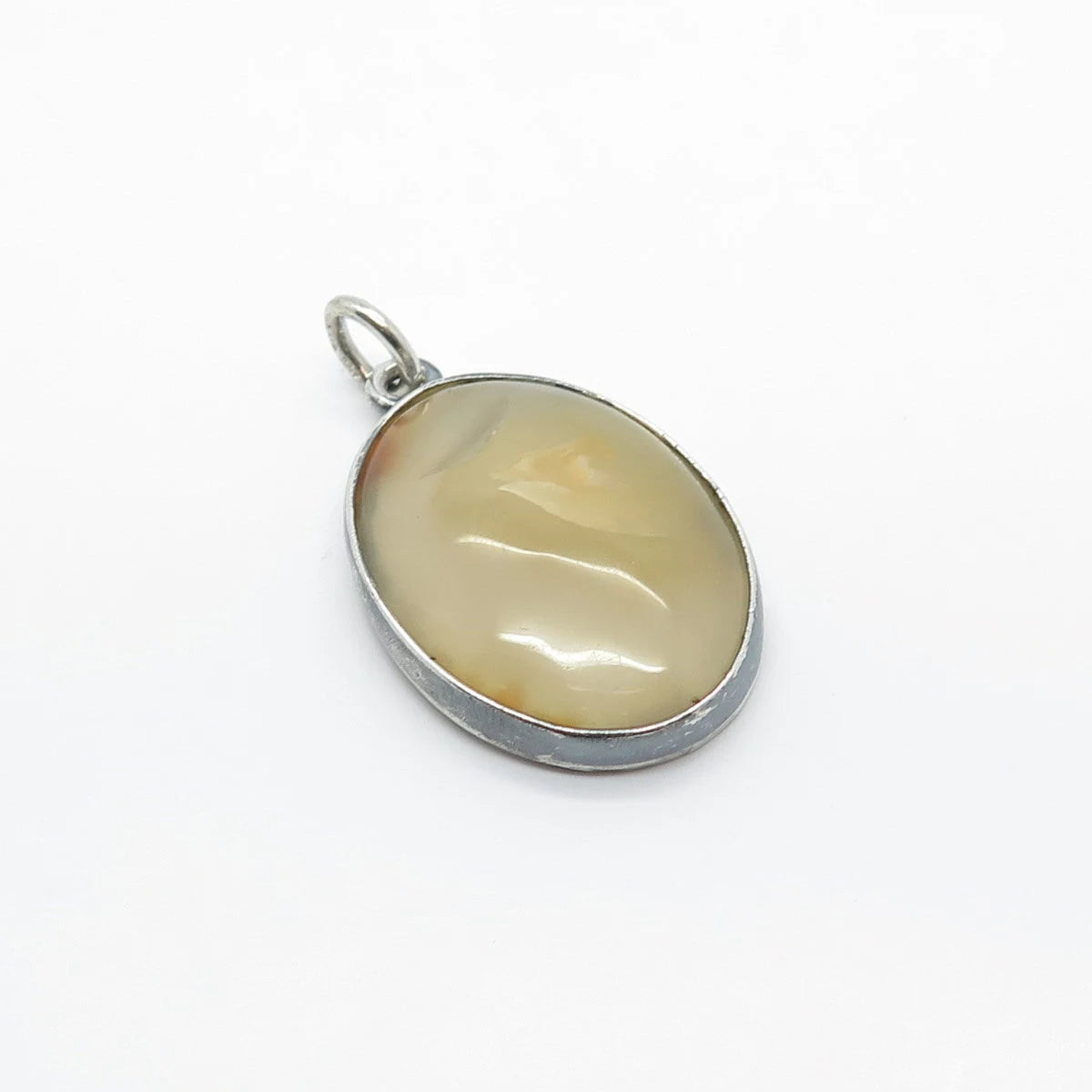 925 Sterling Silver Vintage Real Agate Gem Oval Pendant