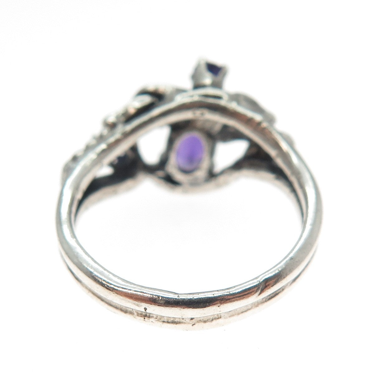 925 Sterling Silver Vintage Real Amethyst Modernist Oxidized Ring Size 8