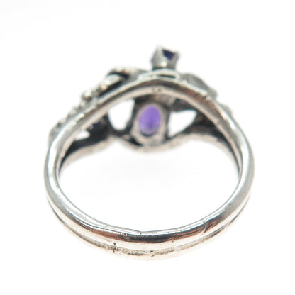 925 Sterling Silver Vintage Real Amethyst Modernist Oxidized Ring Size 8
