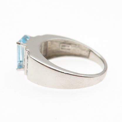 925 Sterling Silver Real Emerald-Cut Blue & Round-Cut White Topaz Ring Size 9