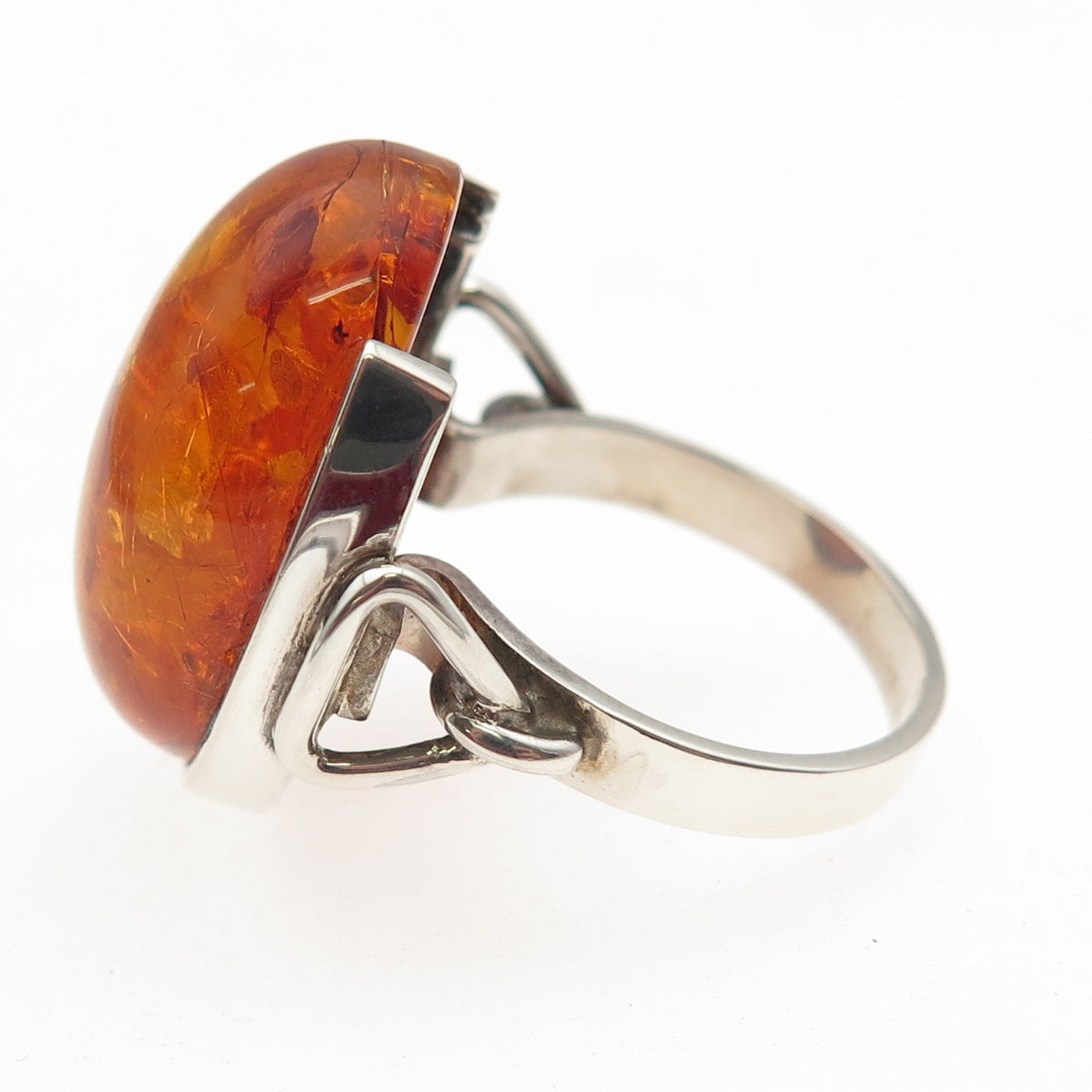 925 Sterling Silver Vintage Real Cabochon Amber Modernist Ring Size 8