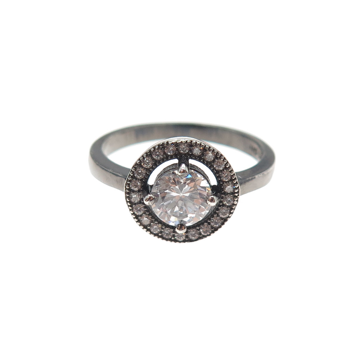 925 Sterling Silver Black Rhodium Round-Cut C Z Engagement Ring Size 7.25