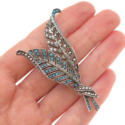 925 Sterling Antique Art Deco Real Marcasite & Blue Rhinestone Floral Pin Brooch