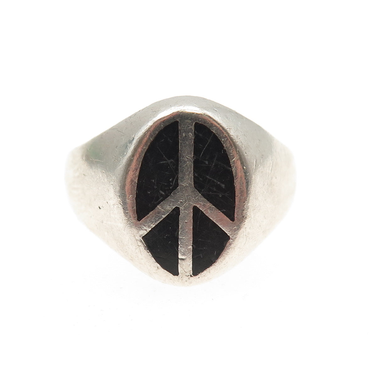 925 Sterling Silver Vintage Real Black Onyx Peace Symbol Signet Ring Size 7.75