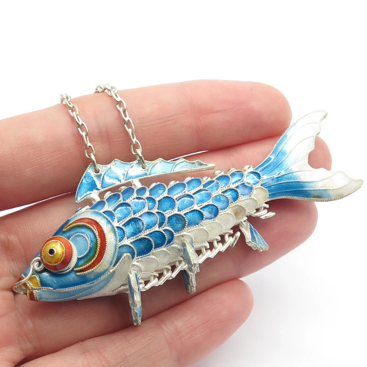 925 Sterling Silver Enamel Antique Chinese Koi Fish Chatelaine Fob / Pendant