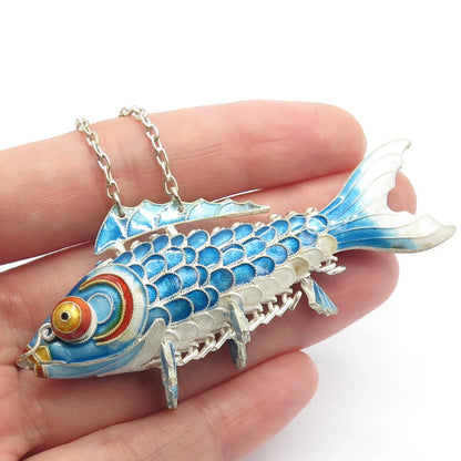 925 Sterling Silver Enamel Antique Chinese Koi Fish Chatelaine Fob / Pendant