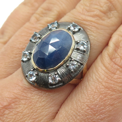 DSMK 925 Sterling Silver Gold Plated Real Sapphire Topaz Oxidized Ring Size 7.25