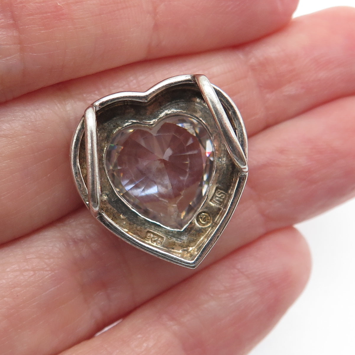 925 Sterling Silver Vintage Heart-Cut C Z Oxidized Slide Charm Pendant
