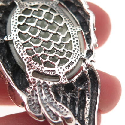 925 Sterling Silver Vintage Real Jade & C Z Owl Bird Oxidized Slide Pendant