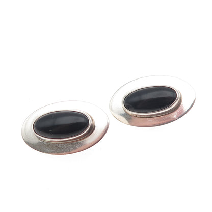 INCA 925 Sterling Silver Vintage Real Black Onyx Modernist Clip On Earrings