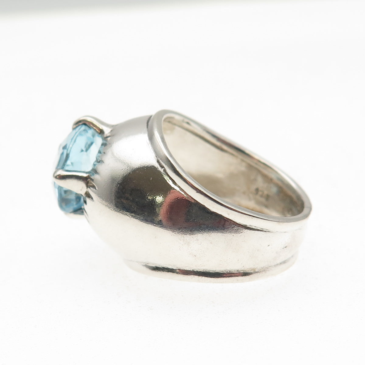 925 Sterling Silver Vintage Real Round-Cut Blue Topaz Modernist Ring Size 8