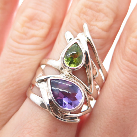 HAGIT GORALI 925 Sterling Silver Vintage Real Amethyst & Peridot Ring Size 9