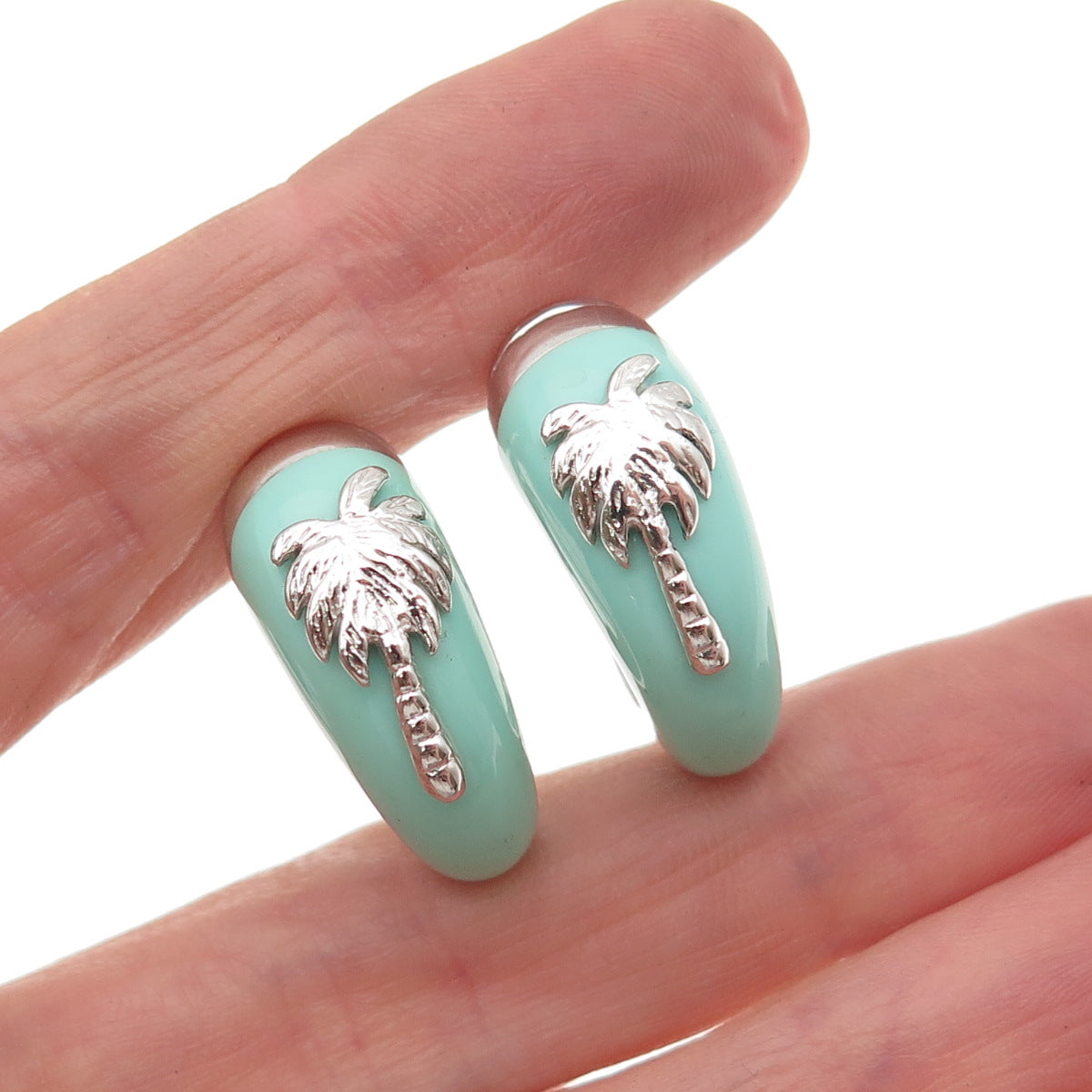 925 Sterling Silver Vintage Enamel Palm Tree Omega Back Hoop Earrings