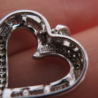 SUN 925 Sterling Silver Real Round & Tapered Baguette-Cut Diamond Heart Pendant