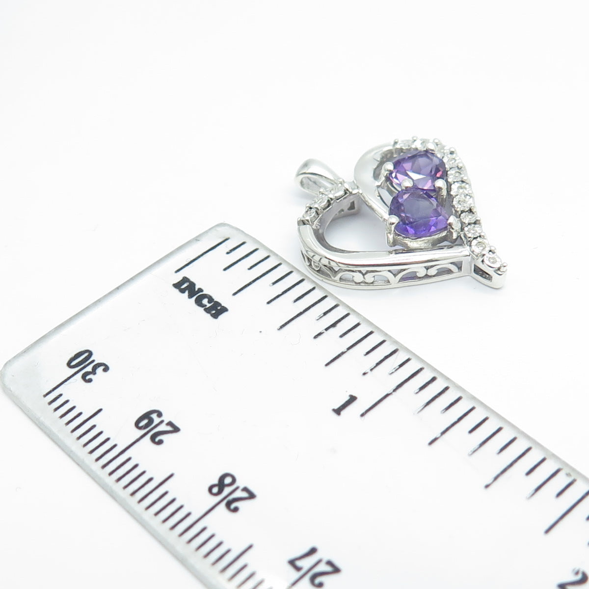 925 Sterling Silver Real Round-Cut White Diamond & Amethyst Heart Pendant