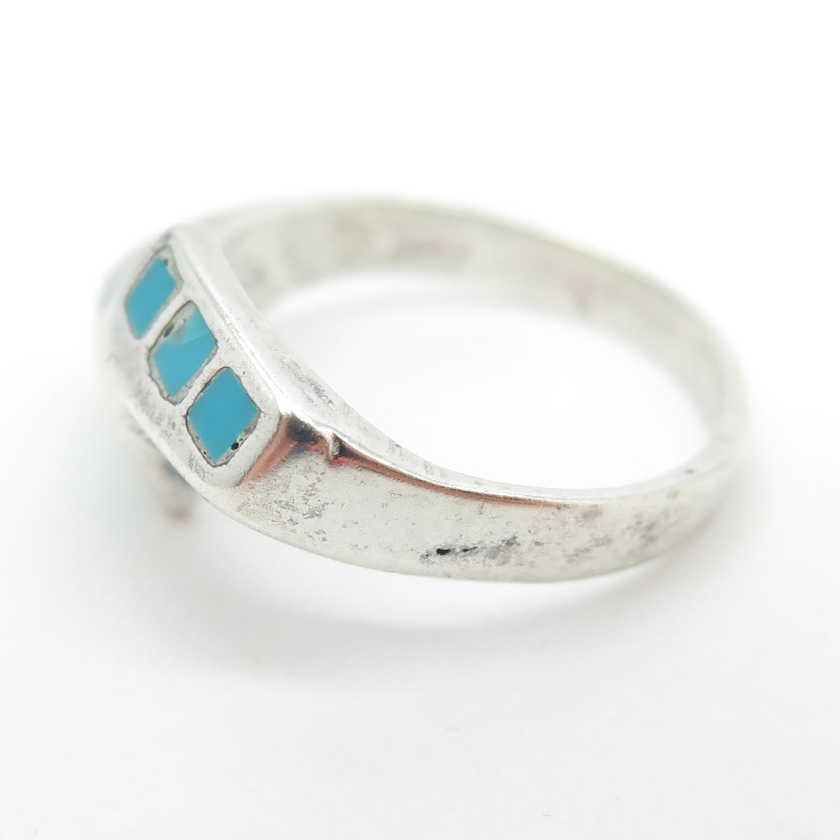 925 Sterling Silver Vintage Real Turquoise Gem Inlay Ring Size 4.5