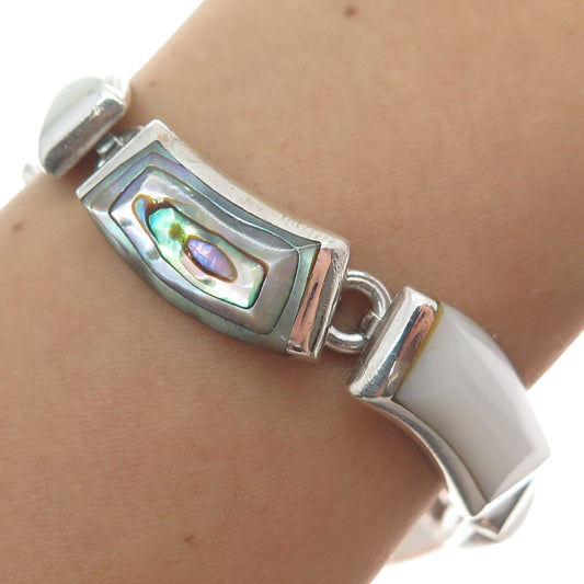 950 Silver Vintage Mexico Real Abalone Shell & MOP Modernist Bracelet 7.25"