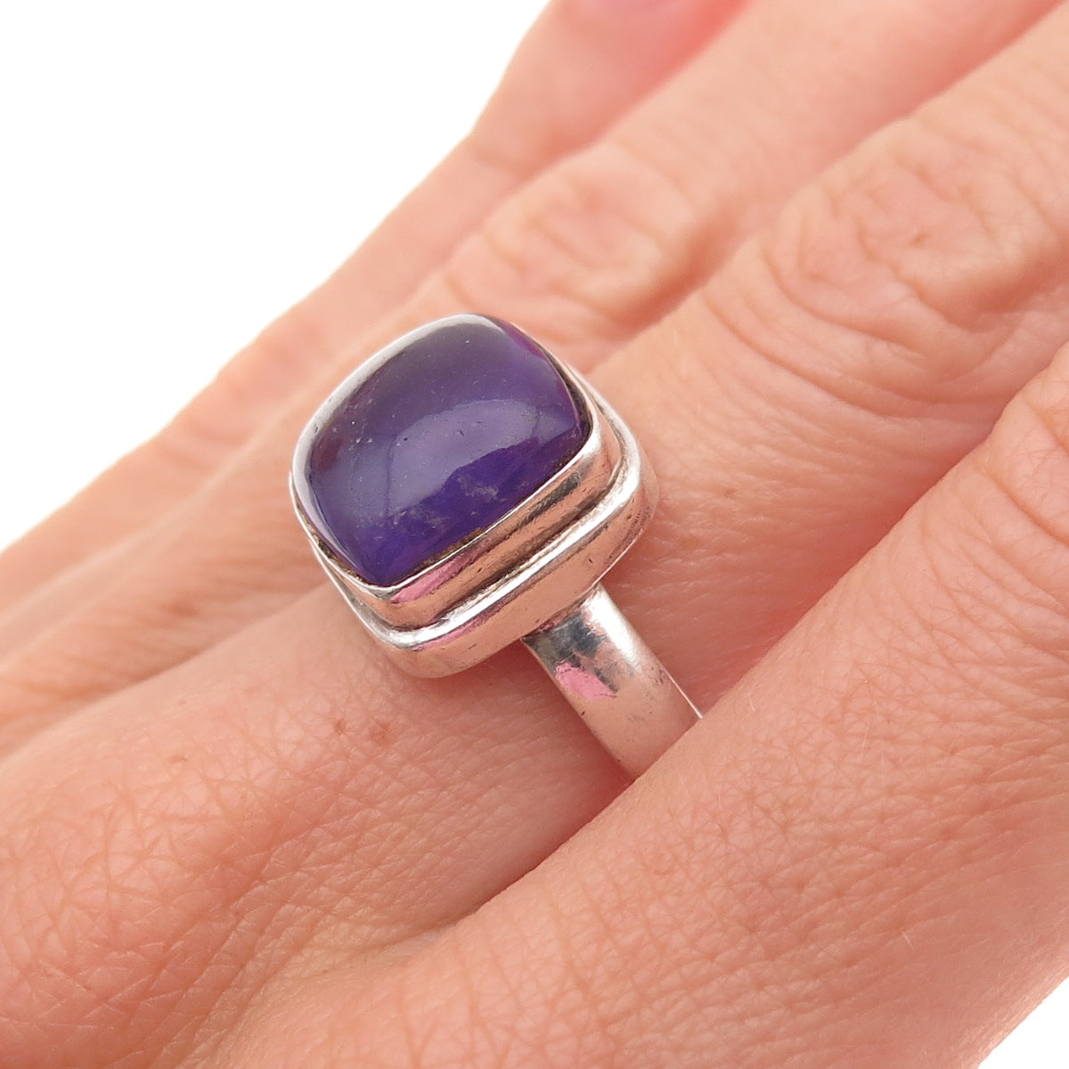925 Sterling Silver Vintage Real Amethyst Modernist Oxidized Ring Size 6.75