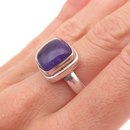 925 Sterling Silver Vintage Real Amethyst Modernist Oxidized Ring Size 6.75