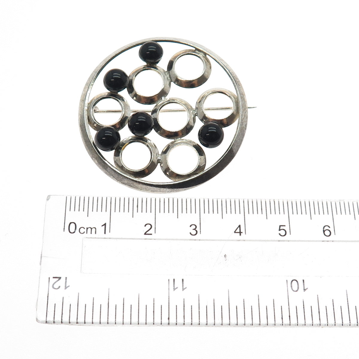 900 Silver Vintage Czechia Real Black Onyx Modernist Artisan Pin Brooch