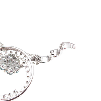 925 Sterling Mexico Real Diamond & Aquamarine Circle of Life Chain Necklace 18"