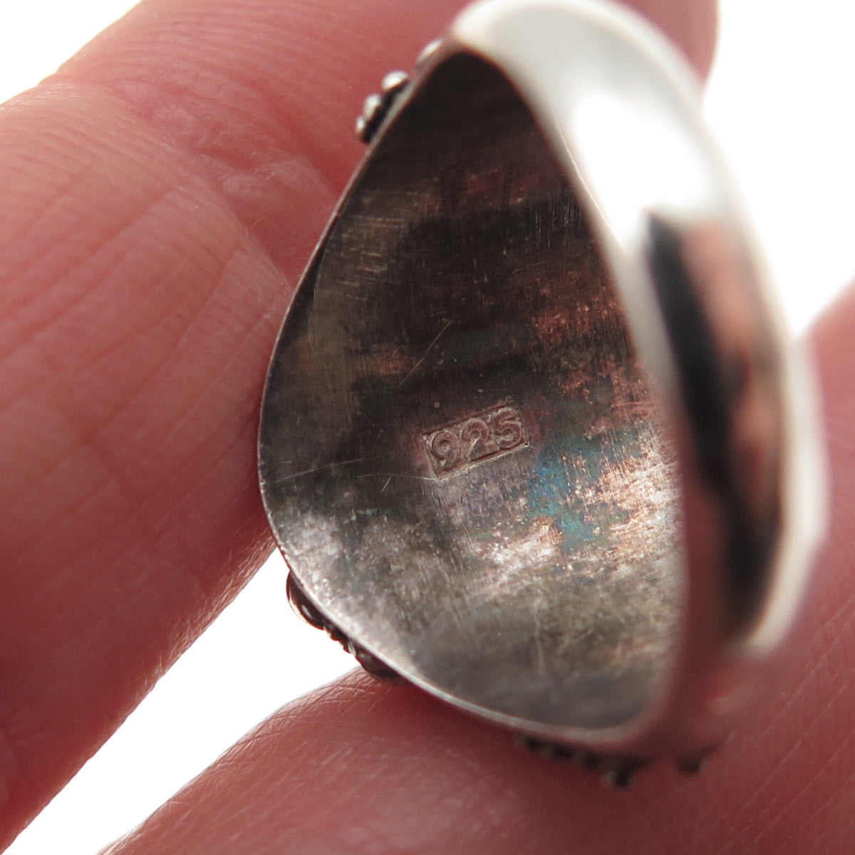 925 Sterling Silver & Gold Vintage Real Green Onyx Oxidized Ring Size 7.25