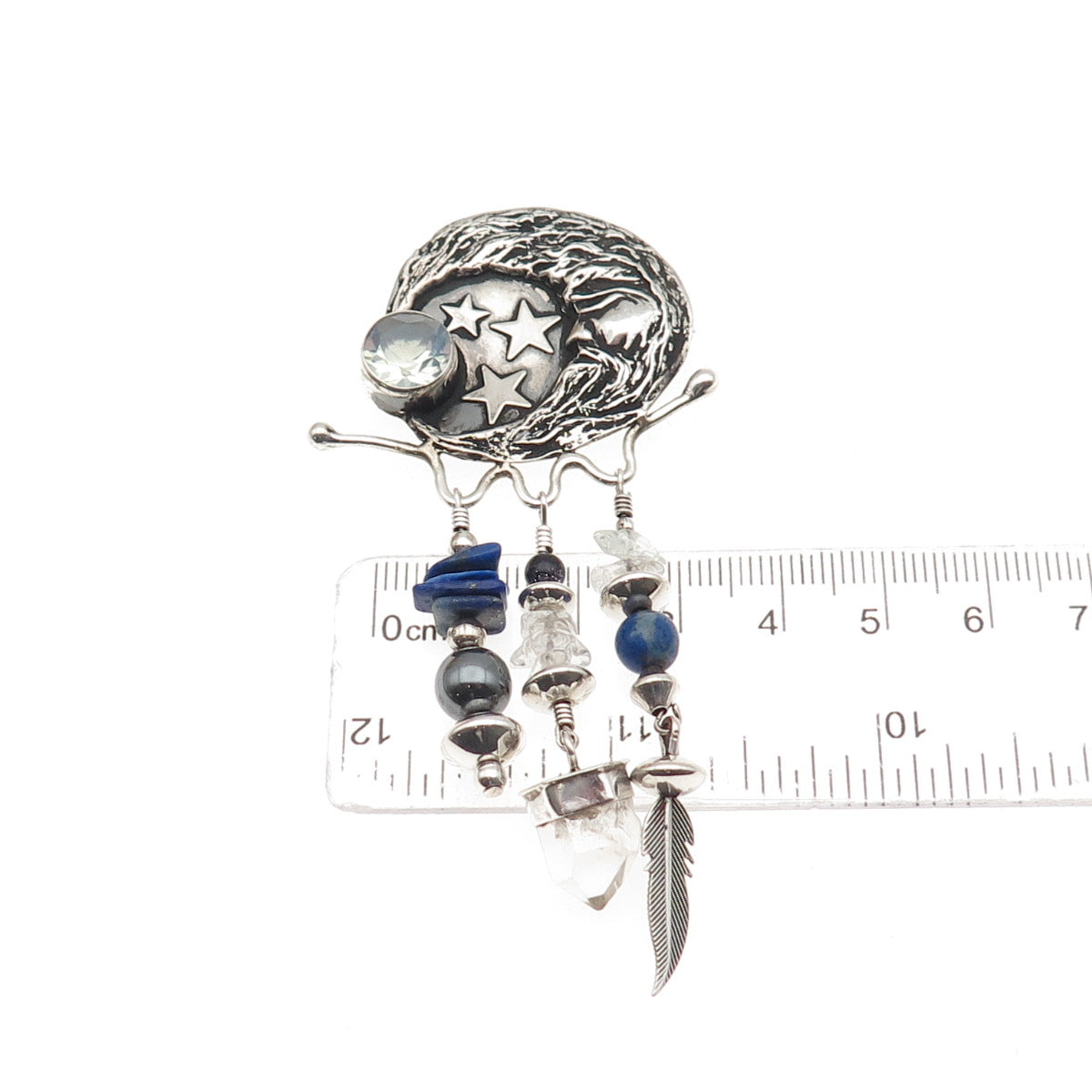 Alan Uchin Sterling Vintage Opalite Hematite Quartz & Lapis Crescent Pin Pendant