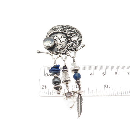 Alan Uchin Sterling Vintage Opalite Hematite Quartz & Lapis Crescent Pin Pendant