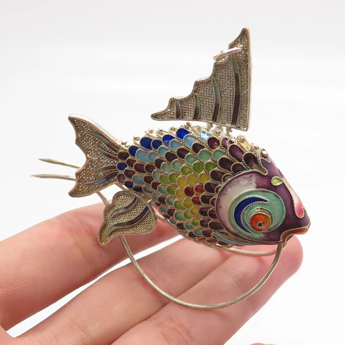 925 Sterling Silver Enamel Antique Chinese Articulated Koi Fish Chatelaine Fob
