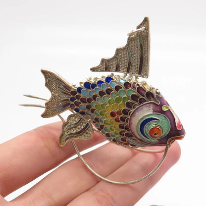 925 Sterling Silver Enamel Antique Chinese Articulated Koi Fish Chatelaine Fob