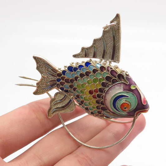 925 Sterling Silver Enamel Antique Chinese Articulated Koi Fish Chatelaine Fob