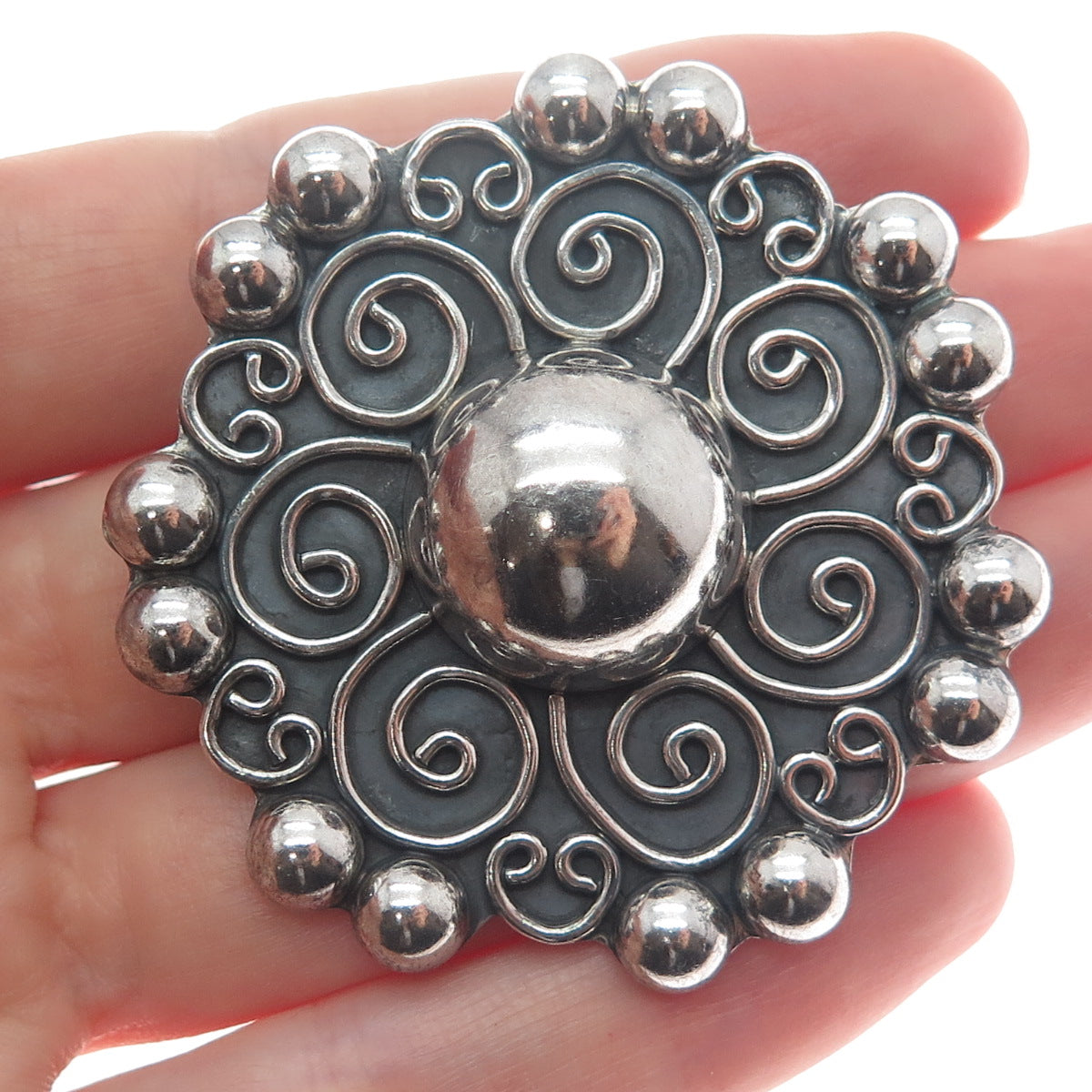 925 Sterling Silver Vintage Mexico Floral Beaded Oxidized Pin Brooch / Pendant